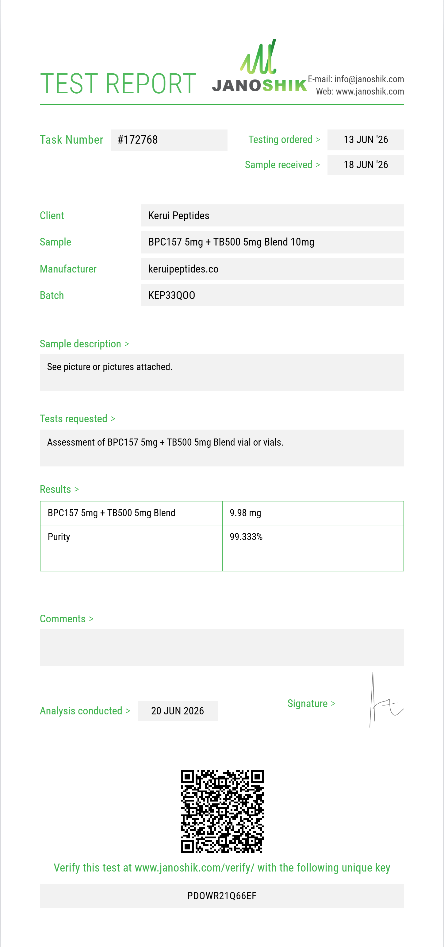 BPC157 5mg + TB500 5mg Blend Purity (HPLC) report by Janoshik Analytical