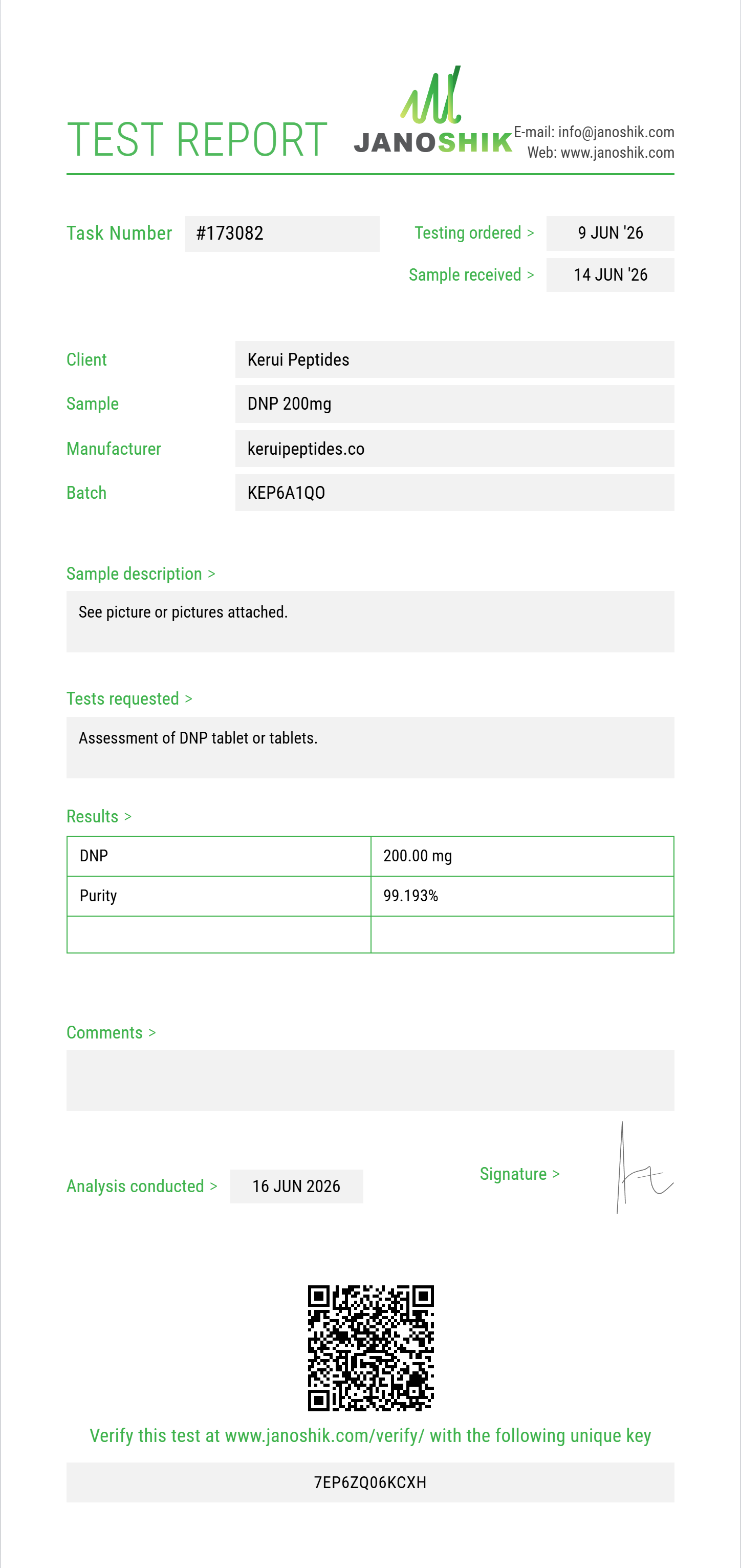 DNP Purity (HPLC) report by Janoshik Analytical