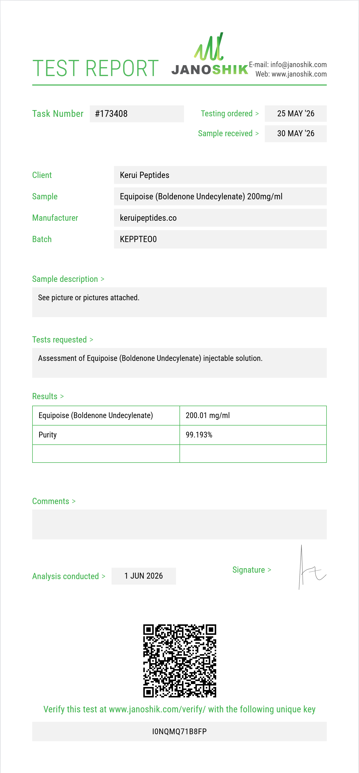 Equipoise (Boldenone Undecylenate) Purity (HPLC) report by Janoshik Analytical