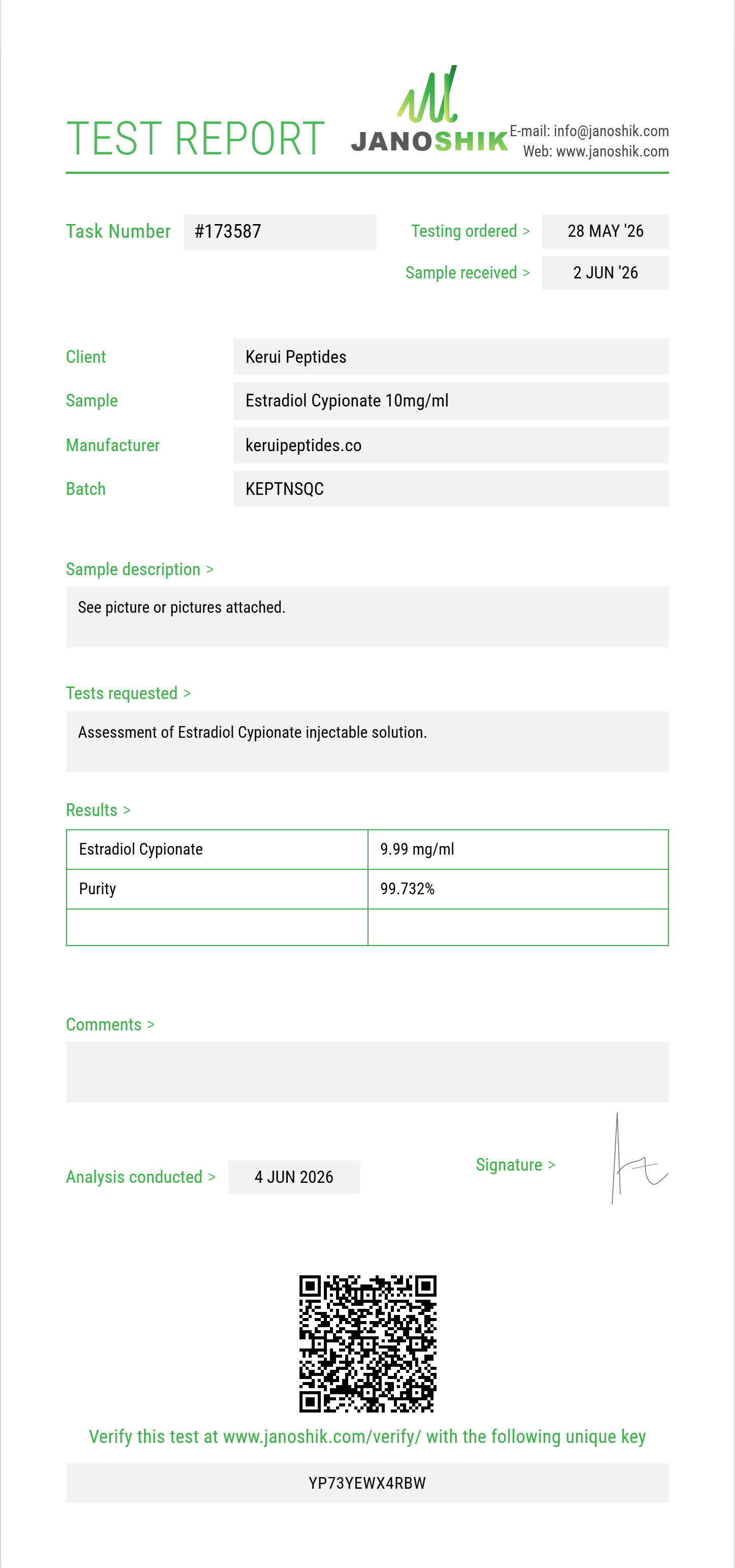 Estradiol Cypionate Purity (HPLC) report by Janoshik Analytical