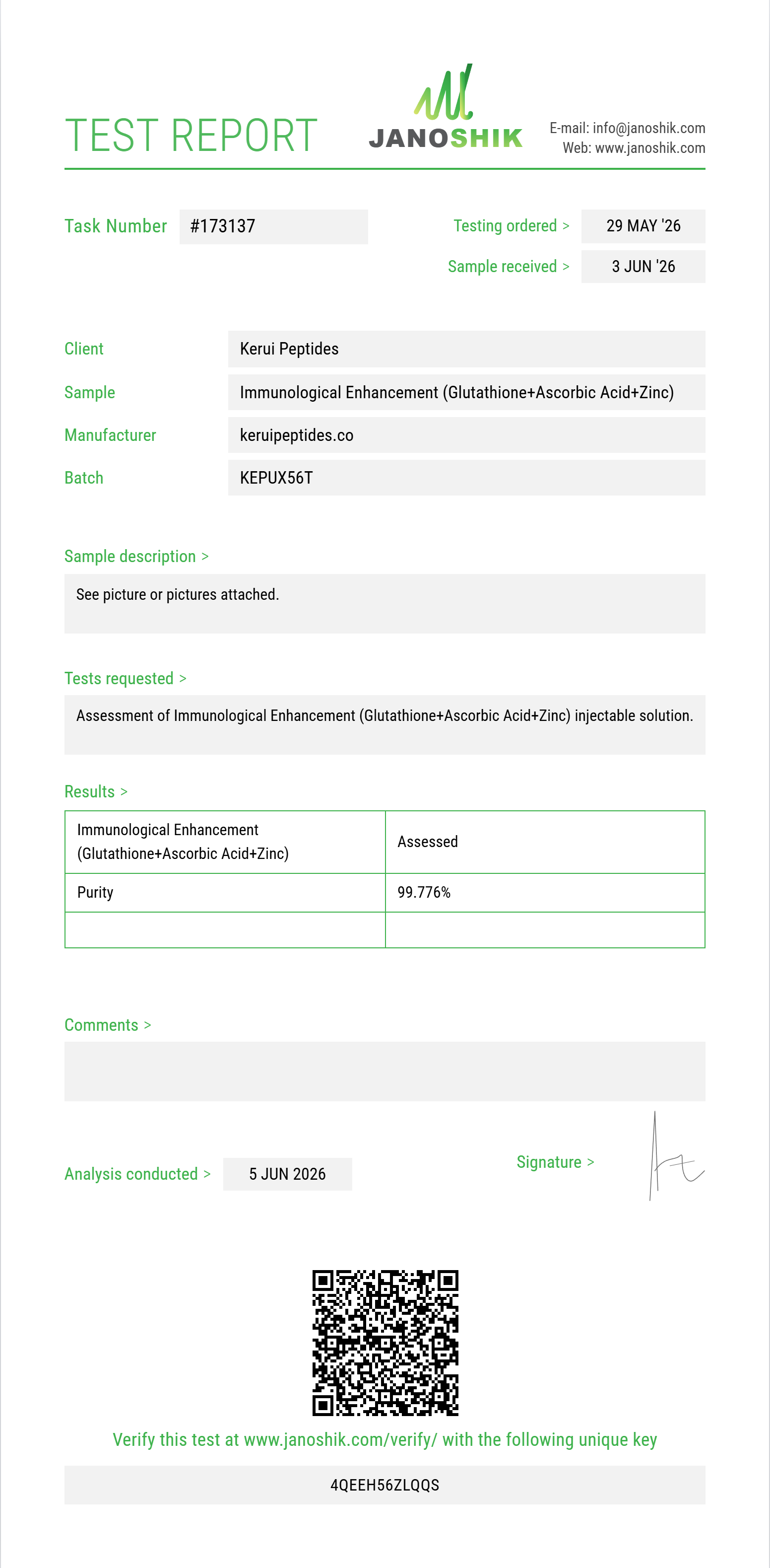 Immunological Enhancement (Glutathione 200mg+Ascorbic Acid 200mg+Zinc Sulfate 2.5mg) Purity (HPLC) report by Janoshik Analytical