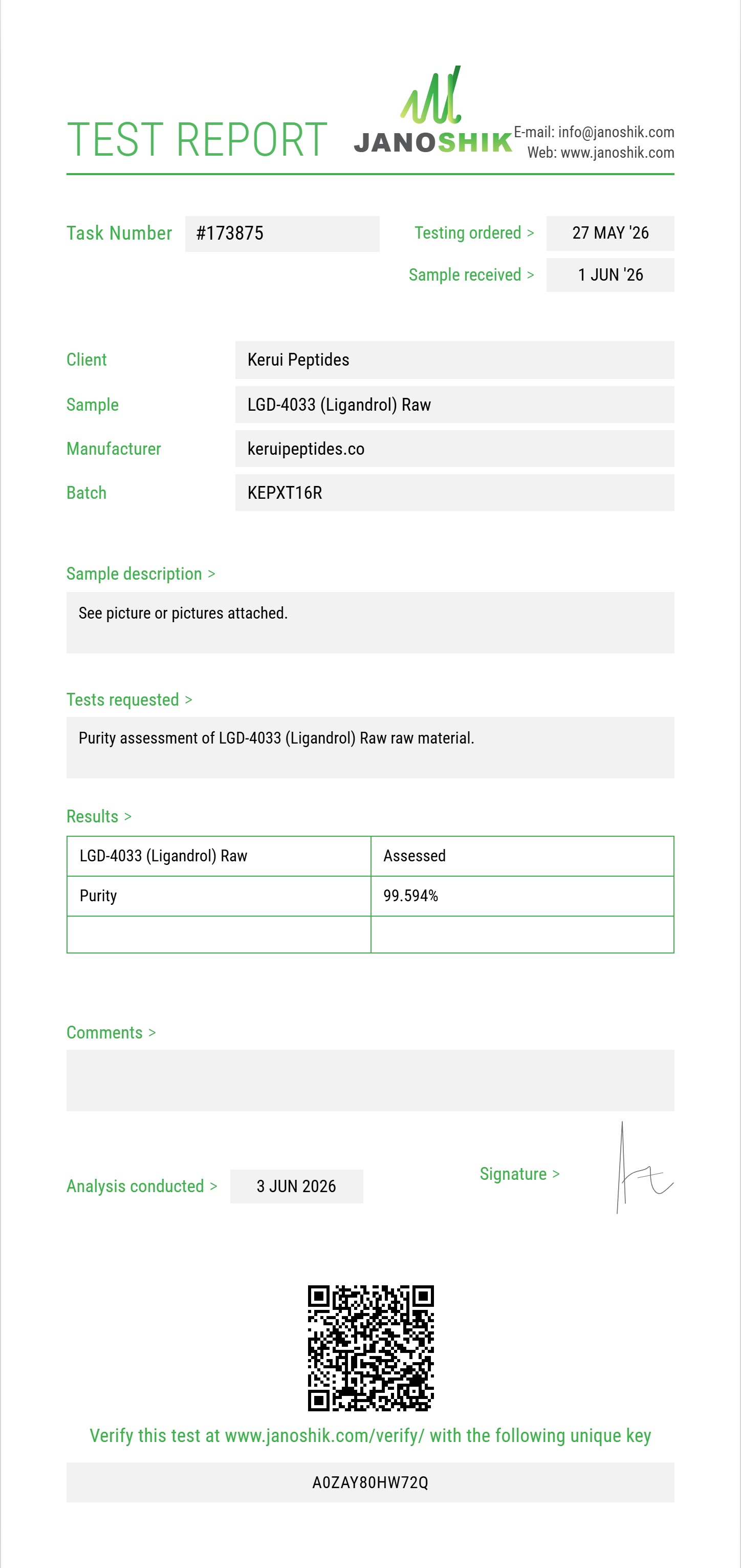 LGD-4033 (Ligandrol) Raw Purity (HPLC) report by Janoshik Analytical
