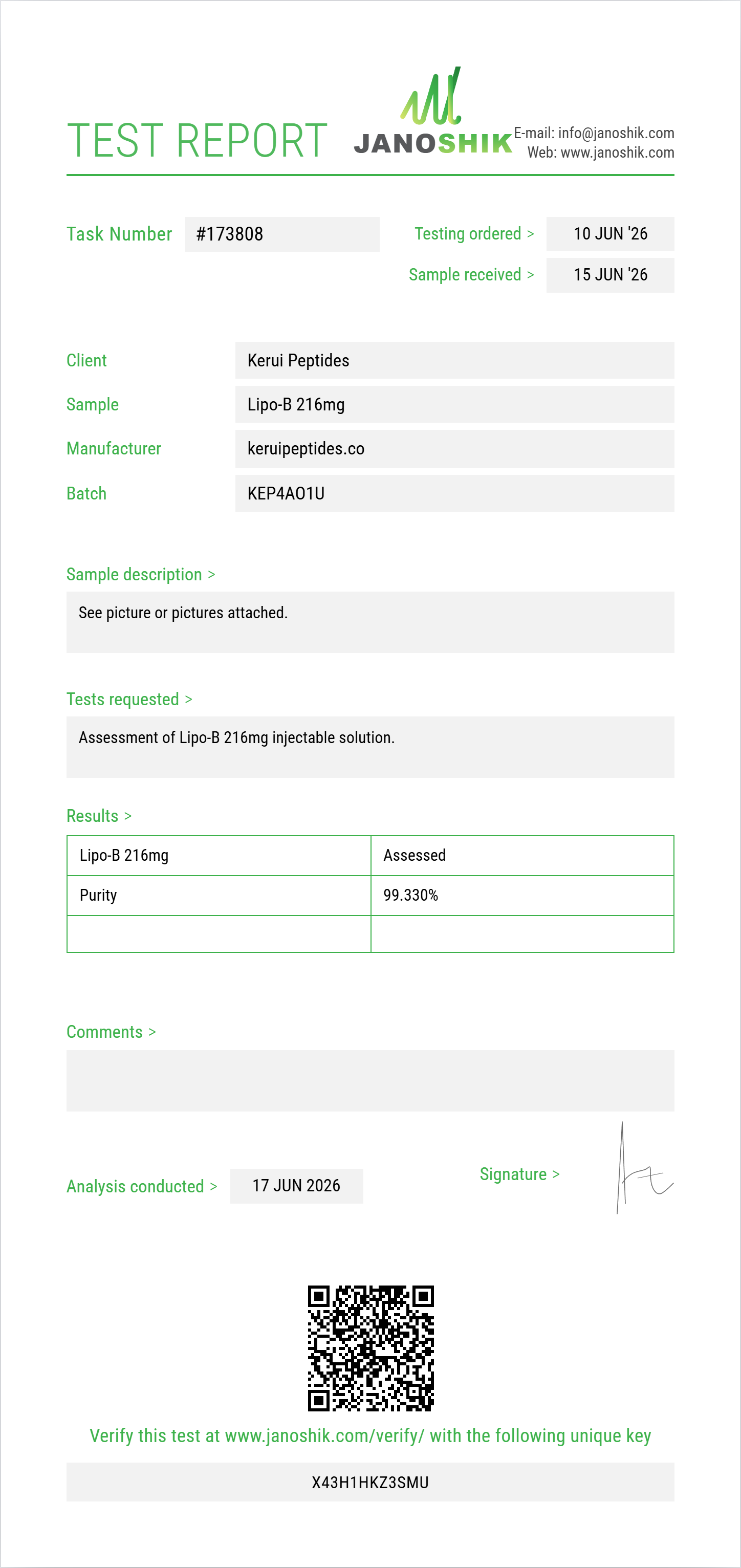 Lipo-B 216mg Purity (HPLC) report by Janoshik Analytical