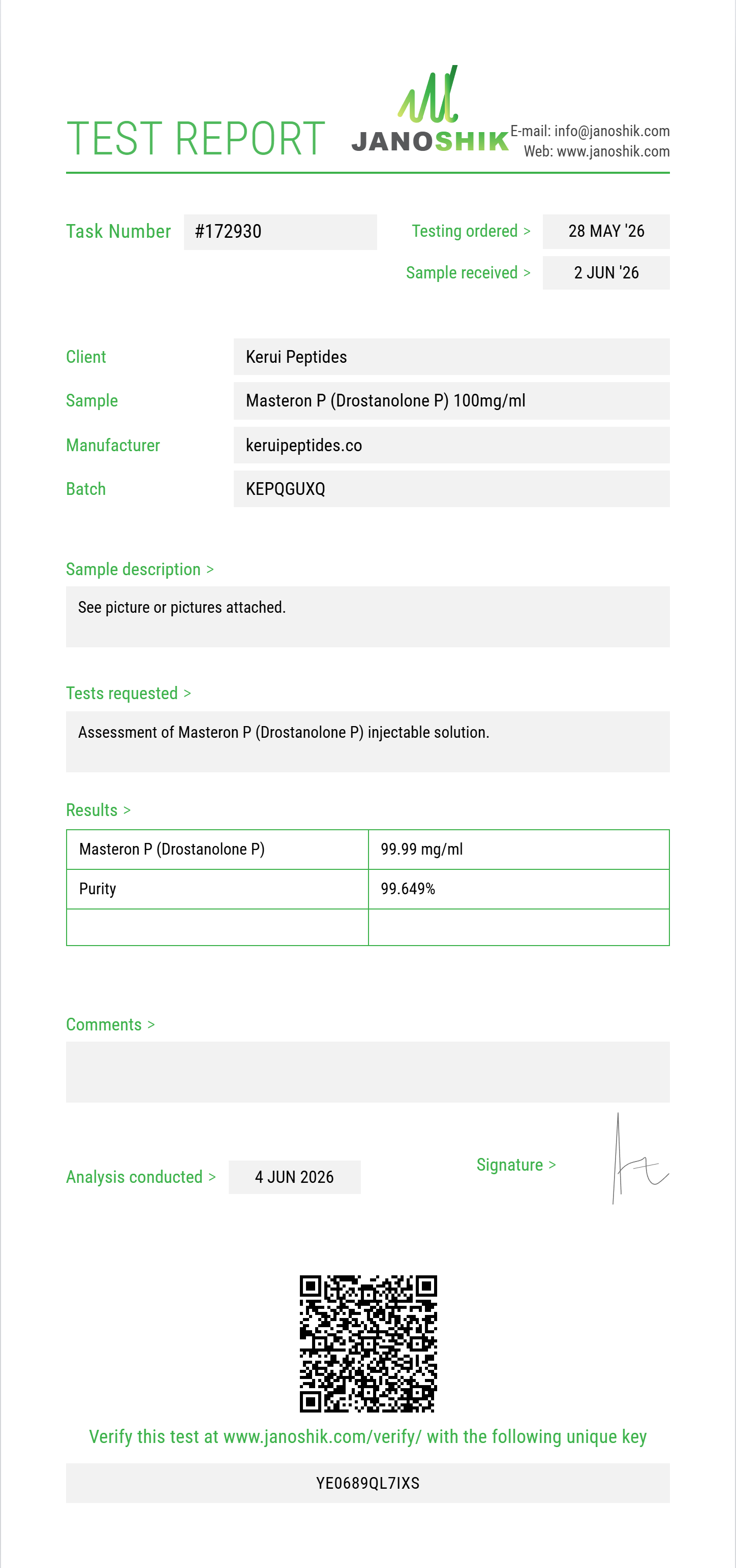 Masteron P (Drostanolone P) Purity (HPLC) report by Janoshik Analytical