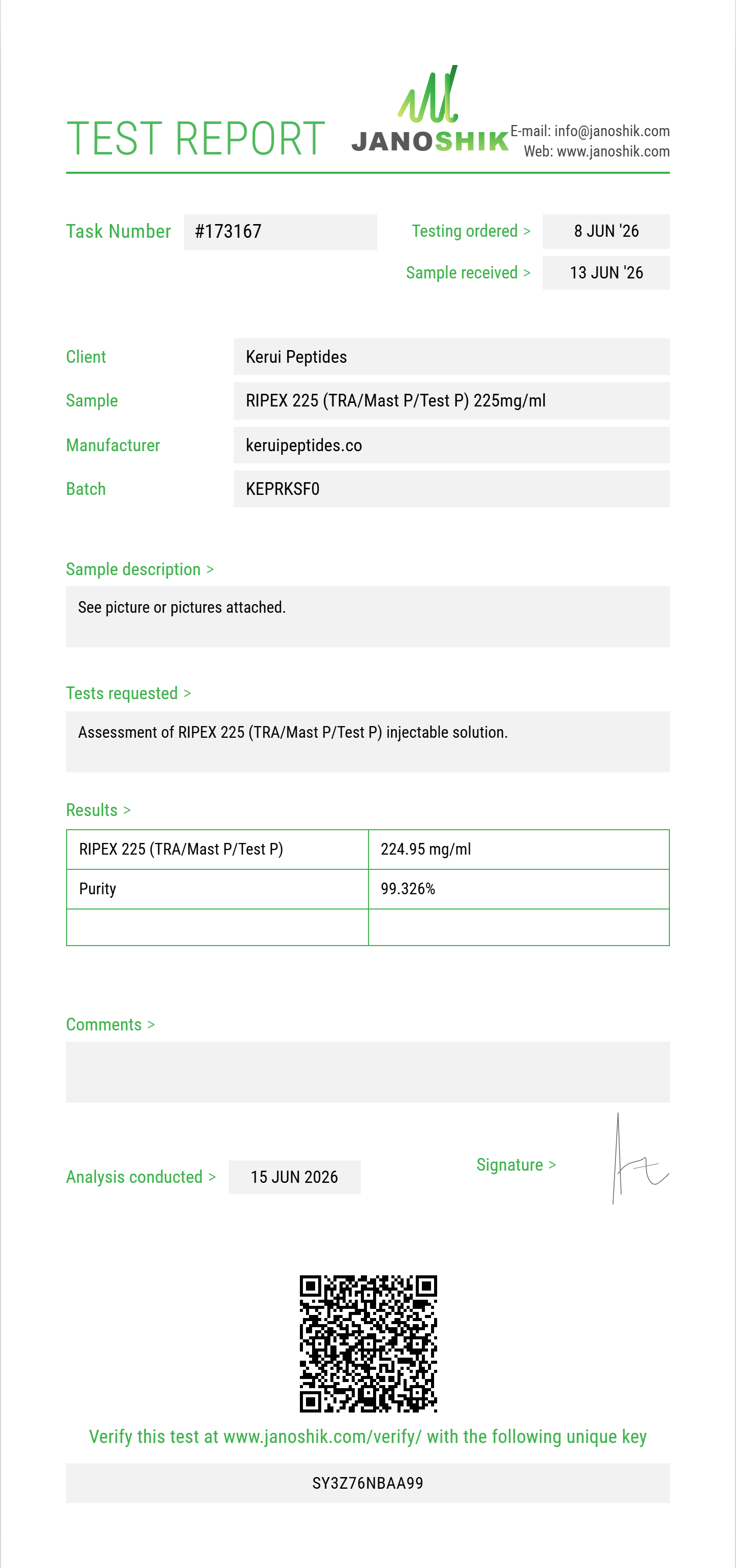RIPEX 225 (TRA/Mast P/Test P) Purity (HPLC) report by Janoshik Analytical