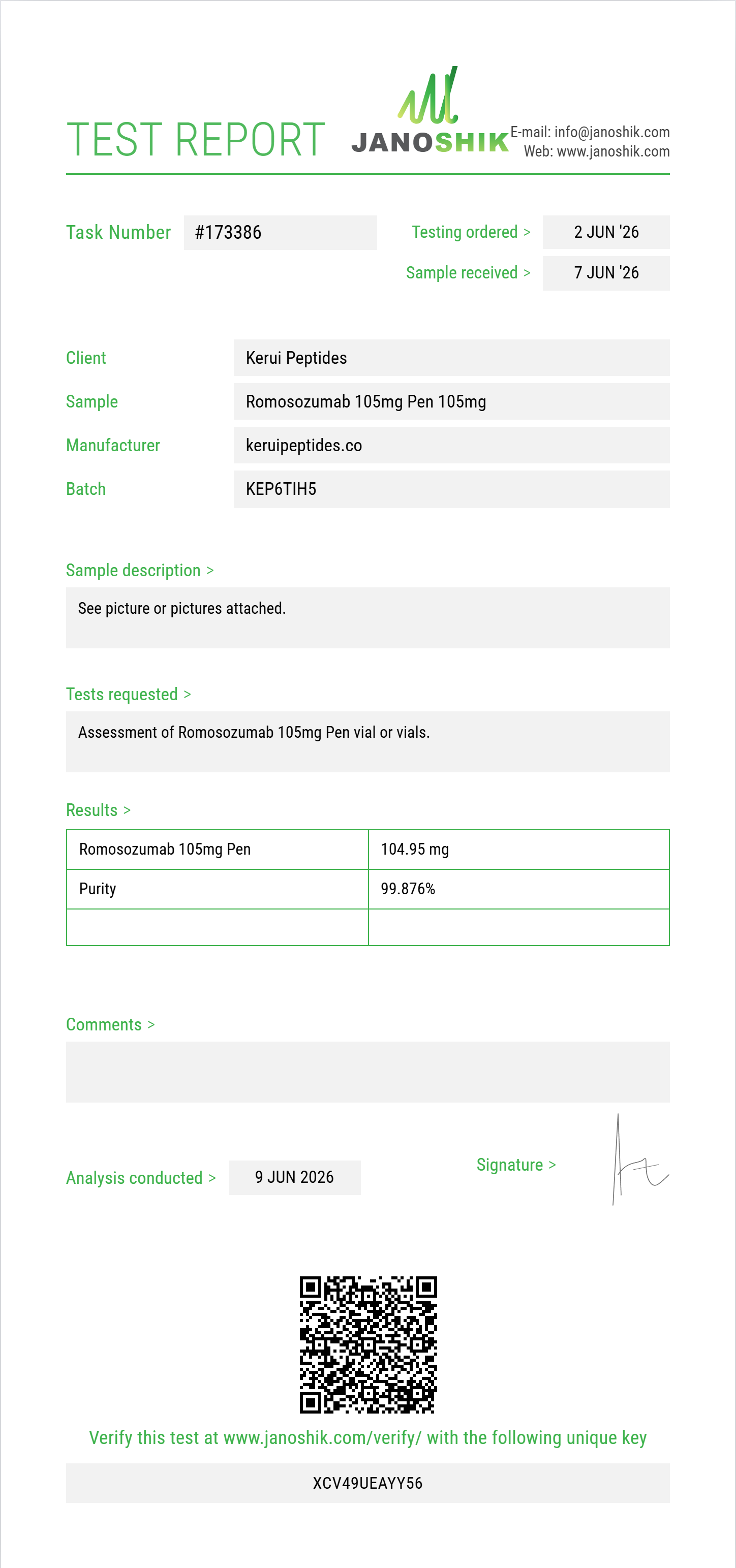 Romosozumab Purity (HPLC) report by Janoshik Analytical