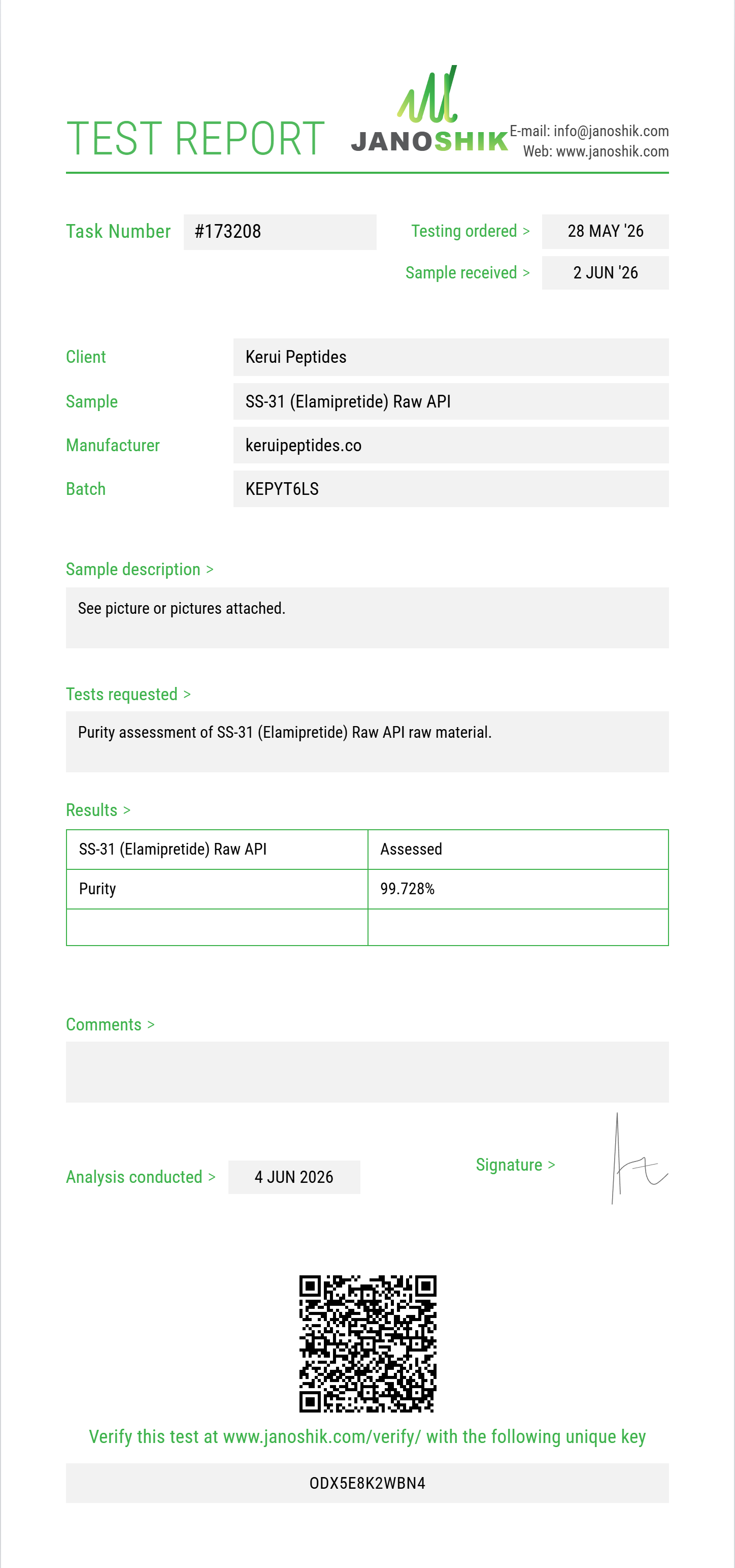 SS-31 (Elamipretide) Raw Purity (HPLC) report by Janoshik Analytical