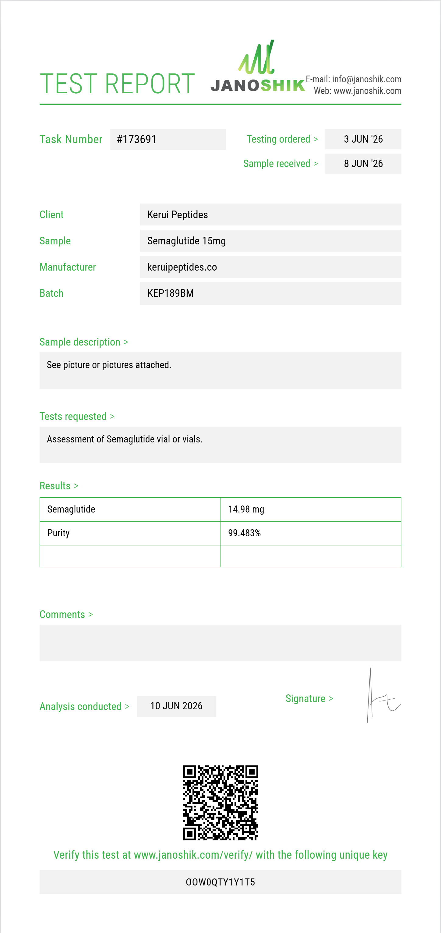 Semaglutide Purity (HPLC) report by Janoshik Analytical