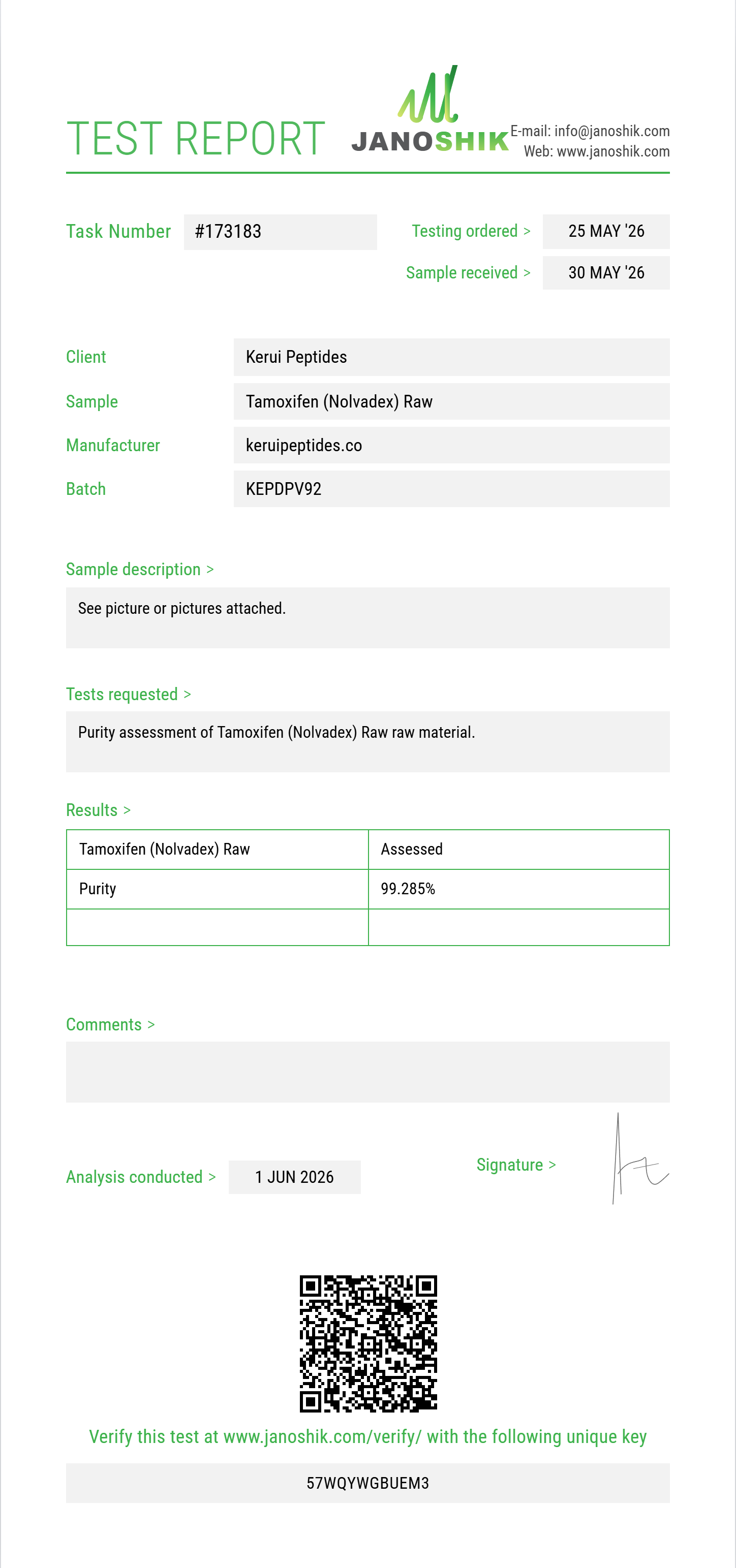 Tamoxifen (Nolvadex) Raw Purity (HPLC) report by Janoshik Analytical