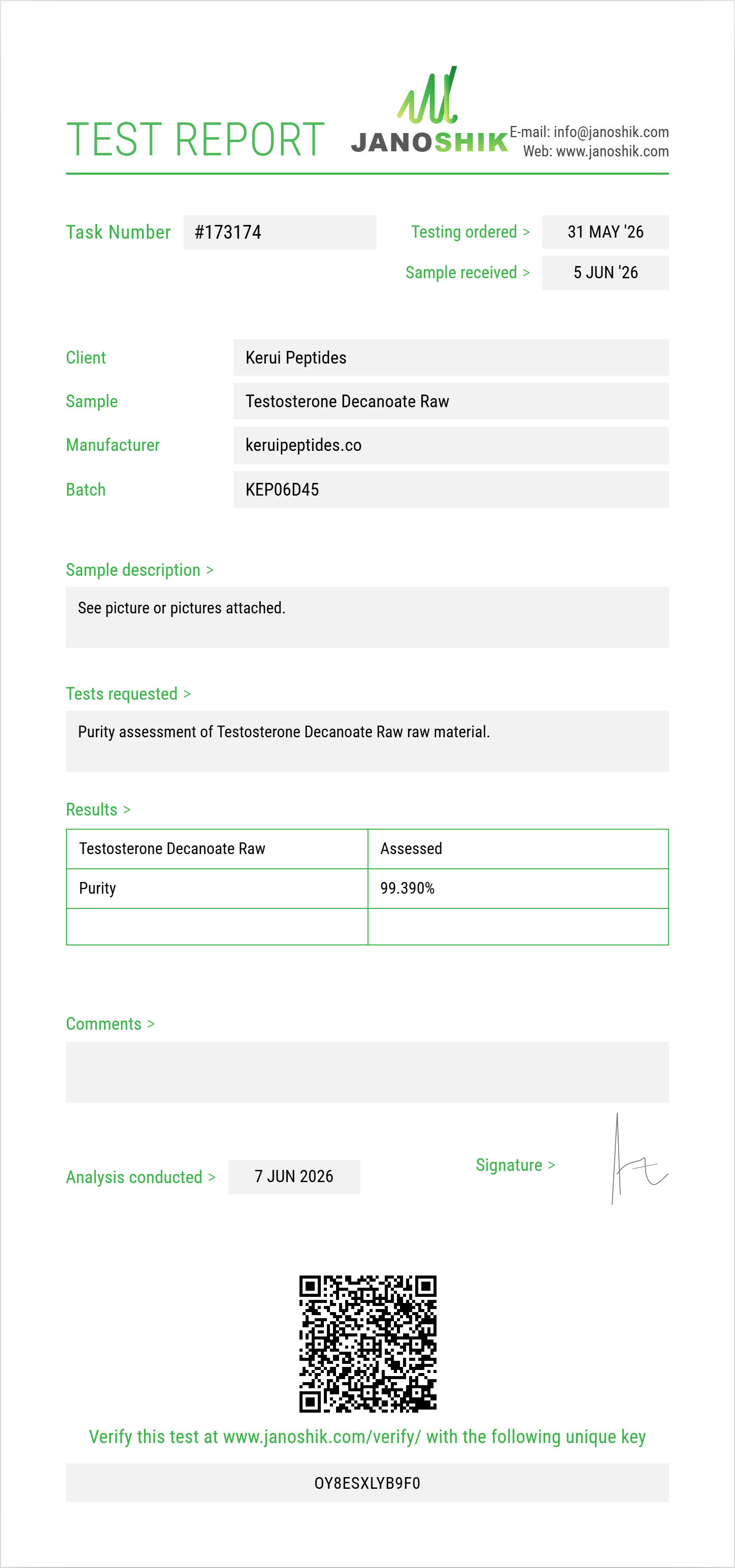 Testosterone Decanoate Raw Purity (HPLC) report by Janoshik Analytical
