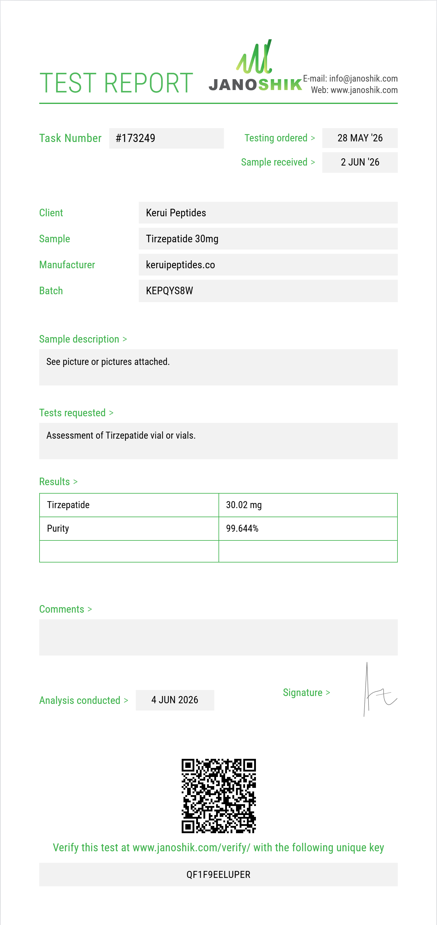 Tirzepatide 30mg Pen Kit Purity (HPLC) report by Janoshik Analytical