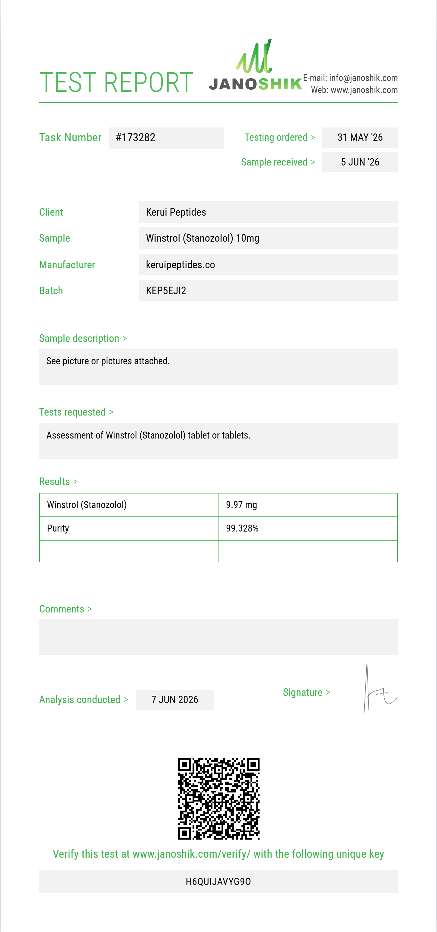 Winstrol (Stanozolol) Purity (HPLC) report by Janoshik Analytical