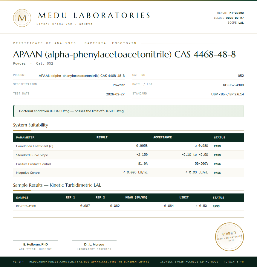 APAAN (alpha-phenylacetoacetonitrile) CAS 4468-48-8 Endotoxin report by Medu Laboratories