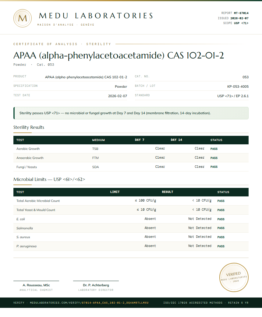 APAA (alpha-phenylacetoacetamide) CAS 102-01-2 Sterility report by Medu Laboratories