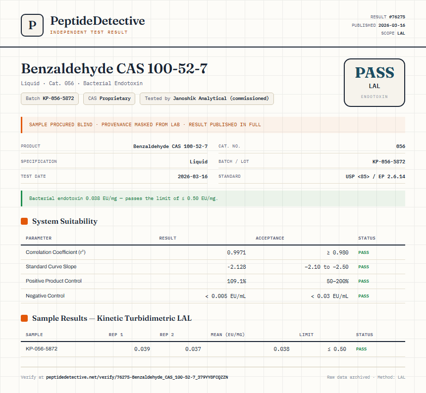 Benzaldehyde CAS 100-52-7 Endotoxin report by PeptideDetective