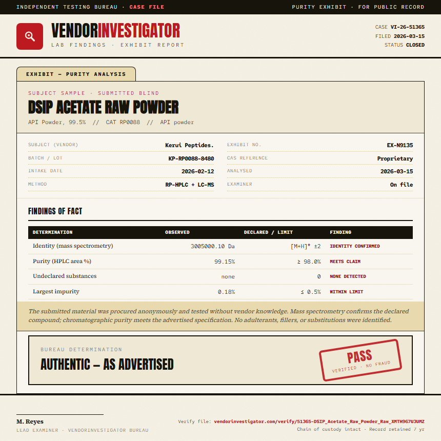 DSIP Acetate Raw Powder Purity (HPLC) report by VendorInvestigator