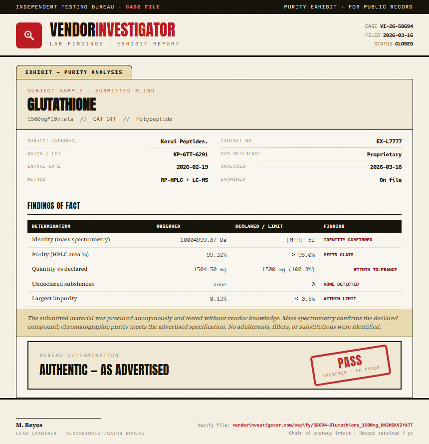 Glutathione Purity (HPLC) report by VendorInvestigator