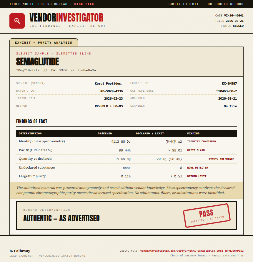Semaglutide Purity (HPLC) report by VendorInvestigator