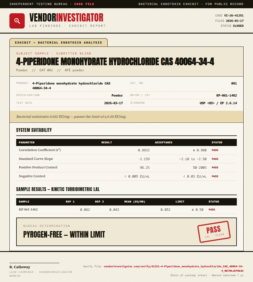 4-Piperidone monohydrate hydrochloride CAS 40064-34-4 Endotoxin report by VendorInvestigator