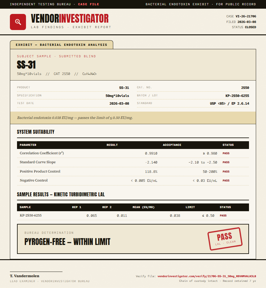 SS-31 Endotoxin report by VendorInvestigator